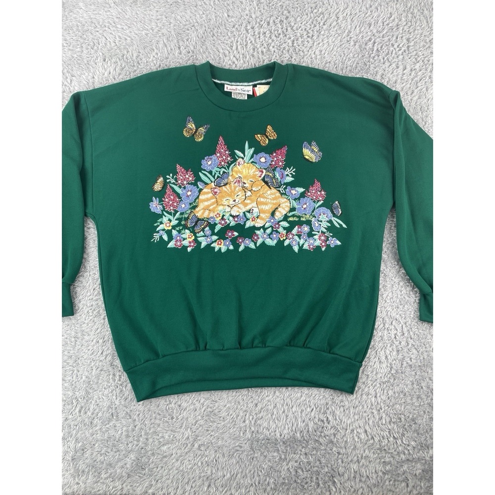 Vintage 80's Puff Print Sweatshirt‎ Womens L Cats Kitten Butterfly Floral USA